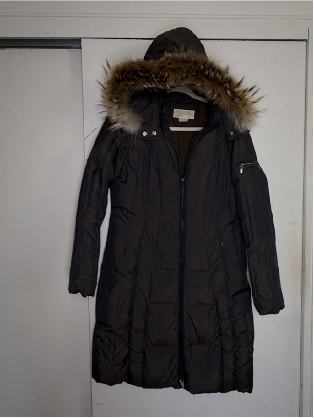 Michael Kors Long Down Puffer Coat Real Raccoon Fur Hood Chocolate Brown Parka M